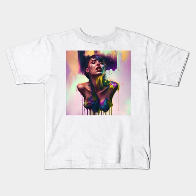 Elegantly Wasted - Emotionally Fluid Collection - Psychedelic Paint Drip Portraits Kids T-Shirt by JensenArtCo